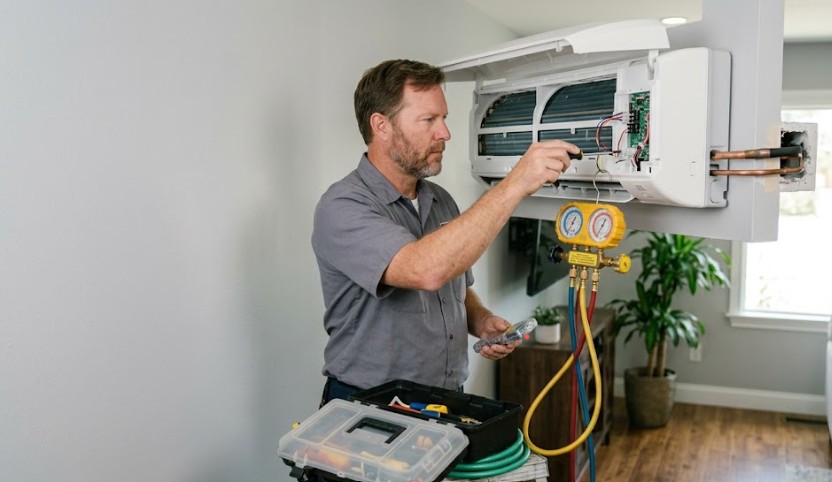 licensed HVAC technician performing air conditioner repair at a home in Holliston MA