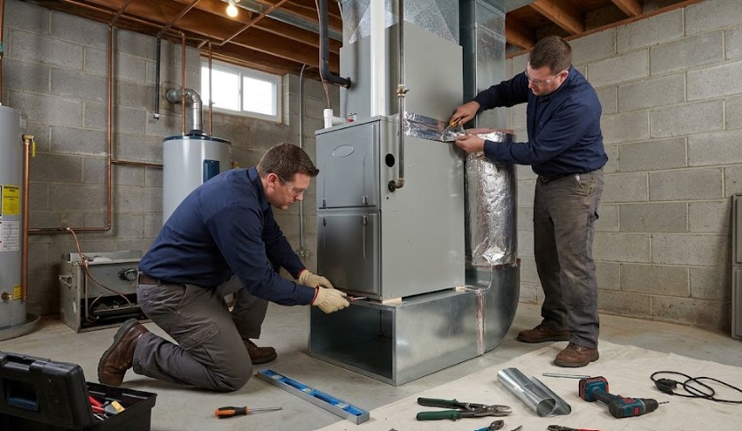 HVAC technician installing a new furnace at a home in Holliston MA