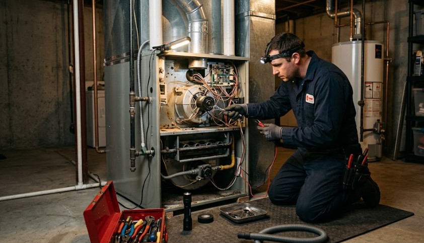 licensed HVAC technician performing furnace repair at a home in Holliston MA