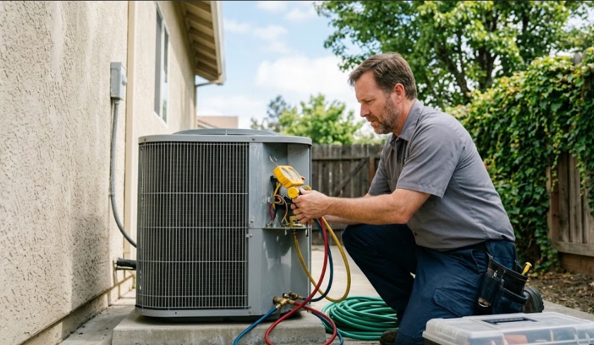 Bellingham HVAC technician providing AC repair service at a home in Holliston MA