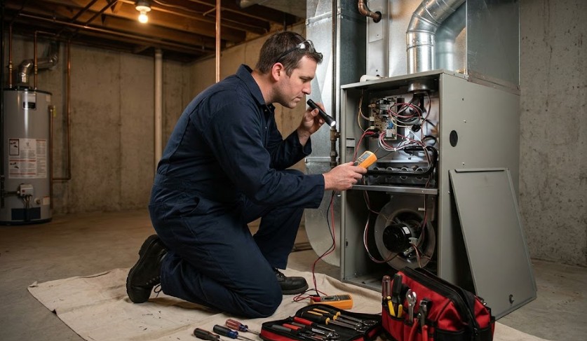 technician repairing furnace in upton ma